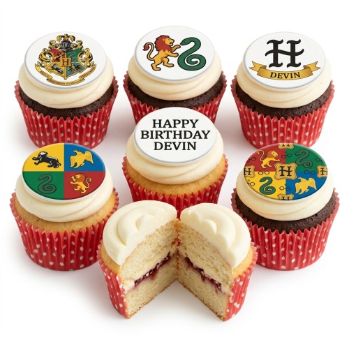 Harry Potter Hogwarts themed birthday cupcakes with house crests and personalised message topper.