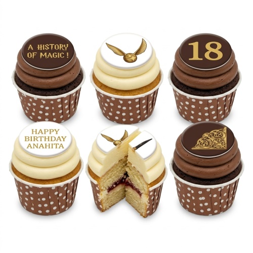 Harry Potter themed cupcakes with Golden Snitch, 'A History of Magic!', custom age, and personalised message toppers.