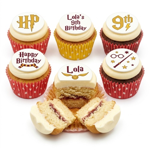 Set of Harry Potter themed cupcakes with white frosting and edible toppers, including HP logo, Golden Snitch, glasses, wand, and a scarf design.