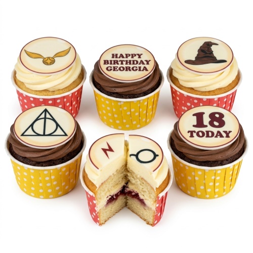 Harry Potter themed cupcakes with Golden Snitch, Sorting Hat, Deathly Hallows, lightning scar, and glasses toppers.