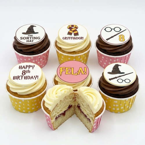 Harry Potter themed birthday cupcakes with Sorting Hat, Gryffindor scarf, glasses, and wand toppers, with custom age and name examples.