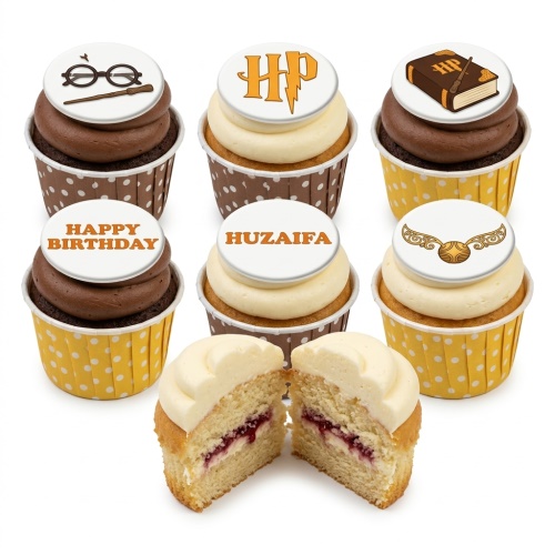 Set of Harry Potter themed cupcakes with glasses, HP logo, book, and Golden Snitch toppers, with 'Happy Birthday' and 'Huzaifa' custom messages.