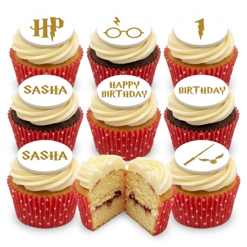 Nine Harry Potter themed cupcakes with white frosting, red polka dot wrappers, and gold edible toppers featuring HP logo, lightning bolt glasses, Golden Snitch, wand, and text 'Sasha', 'Happy Birthday', 'Birthday', '1'.