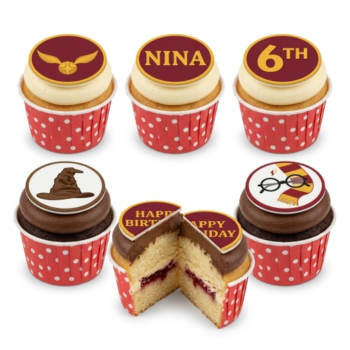 Harry Potter themed cupcakes with Golden Snitch, Sorting Hat, glasses, and scarf toppers.