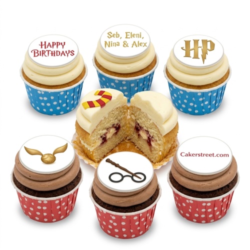 Harry Potter themed birthday cupcakes with HP logo, Golden Snitch, glasses, wand, and scarf toppers.