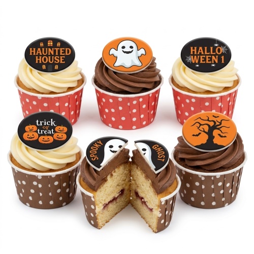 Halloween cupcakes with ghost, pumpkin, haunted house, and spooky tree toppers.