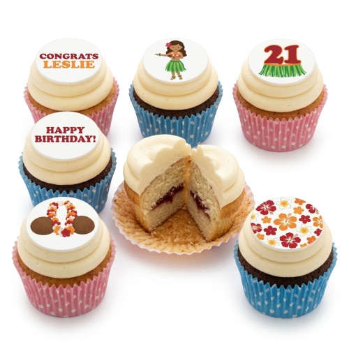 Hawaiian themed cupcakes with hula dancer, hibiscus flowers, lei, and custom age topper.
