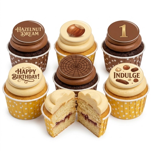 Assortment of hazelnut and chocolate cupcakes with 'Happy Birthday!' and custom age '1' toppers.
