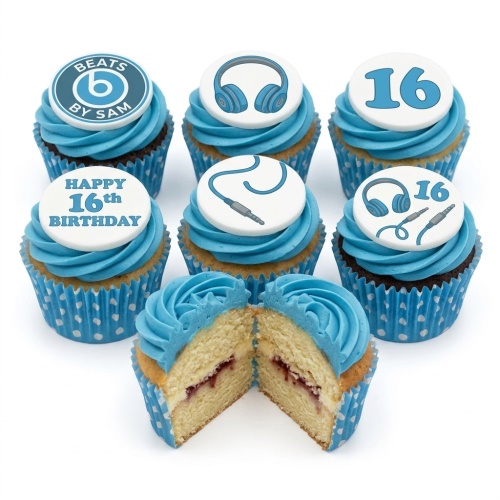 Blue cupcakes with headphones, audio jack, and custom age toppers