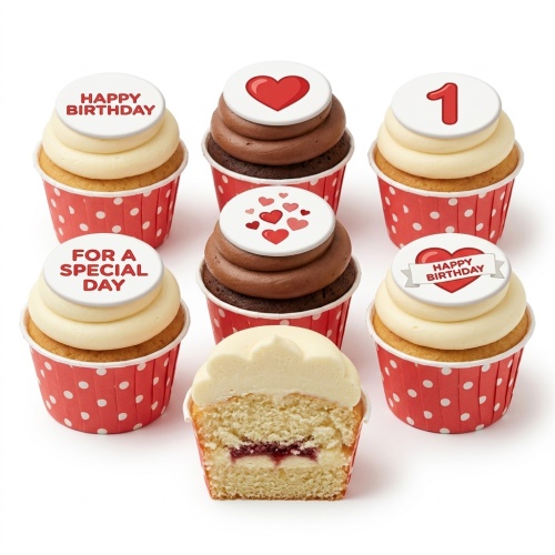 Six birthday cupcakes with red heart toppers and polka dot cases. One cupcake shows a custom age topper.