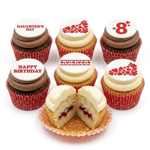 Six cupcakes with red heart toppers, some with custom age and message, on chocolate and vanilla frosting.