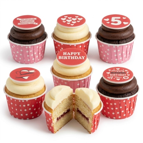 Assortment of birthday cupcakes with custom age and heart toppers, in red and pink wrappers.