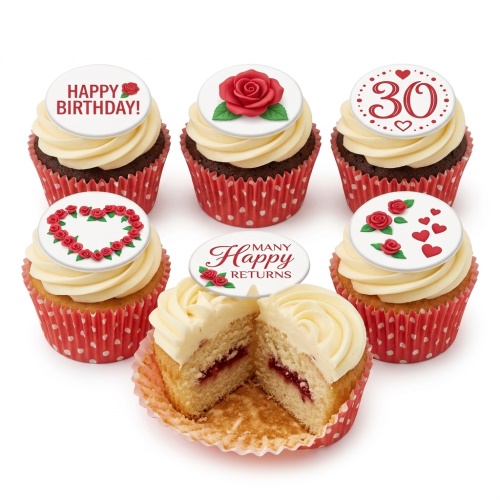 Six birthday cupcakes with red roses, hearts, and custom age '30' topper.