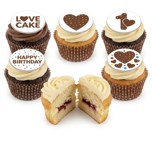 Assorted birthday cupcakes with cream and chocolate frosting, topped with edible hearts, sprinkles, and custom messages.