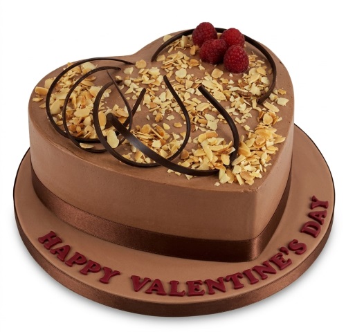 Heart-shaped chocolate cake with raspberries, almond flakes, chocolate curls, and 'Happy Valentine's Day' message.