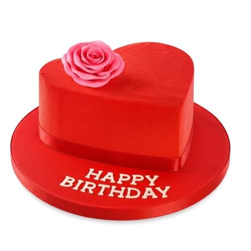 Red heart-shaped birthday cake with a pink rose and a red ribbon.