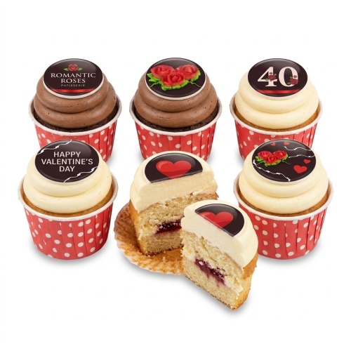 Assortment of cupcakes with red rose, heart, and custom age toppers on white and chocolate frosting.