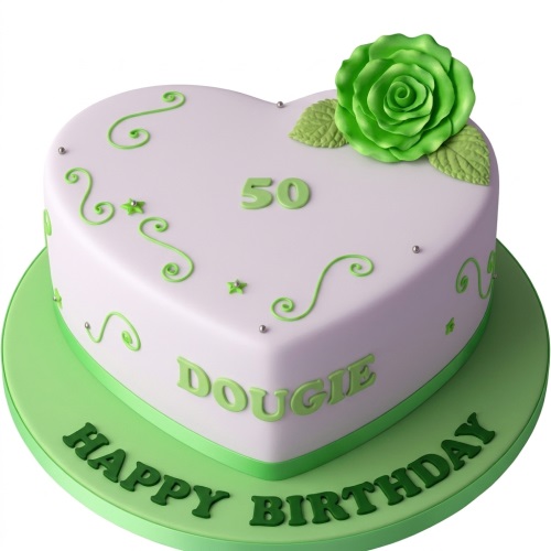 Heart shaped birthday cake with a green rose, swirls, and custom age and name.