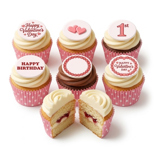 Vanilla and chocolate cupcakes with pink polka dot wrappers and customisable birthday and heart toppers.