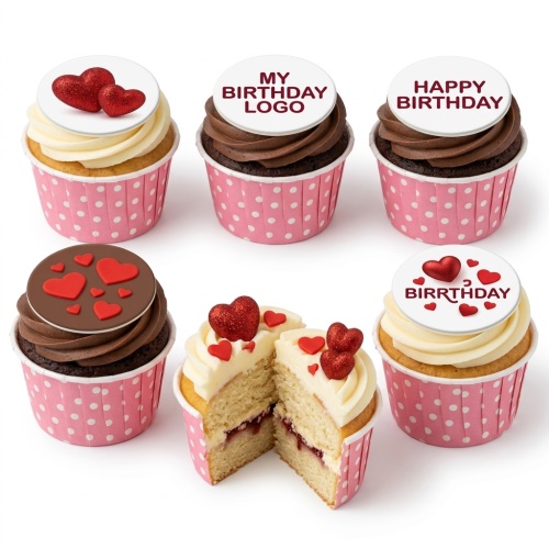 Cupcakes with white and chocolate icing, topped with red glitter hearts and custom birthday messages.