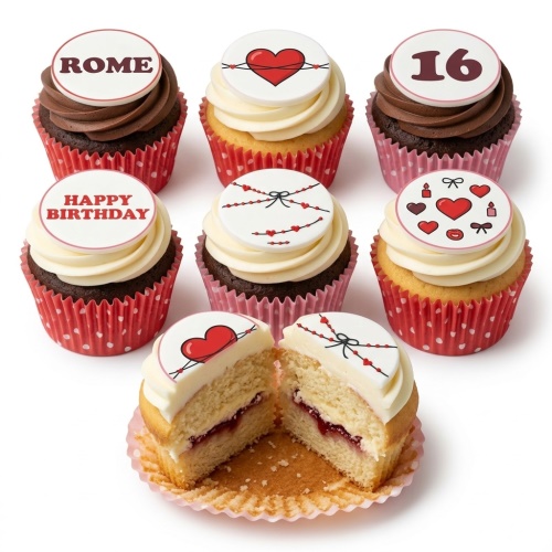 Assortment of vanilla and chocolate cupcakes with white frosting and red love heart, bow, and custom message toppers.