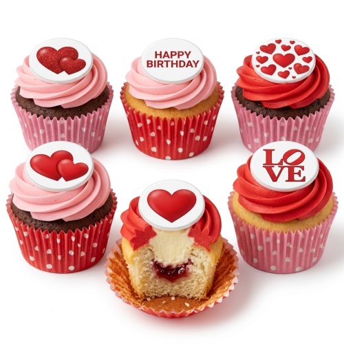 Assortment of cupcakes with pink and red frosting, decorated with various red heart toppers and custom message examples.