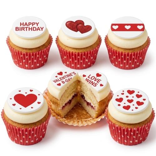 Set of love heart themed cupcakes with red and white decorations, including 'Happy Birthday' message.