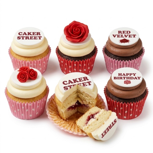 A selection of floral birthday cupcakes with red sugar paste roses and a 'Happy Birthday' message topper.