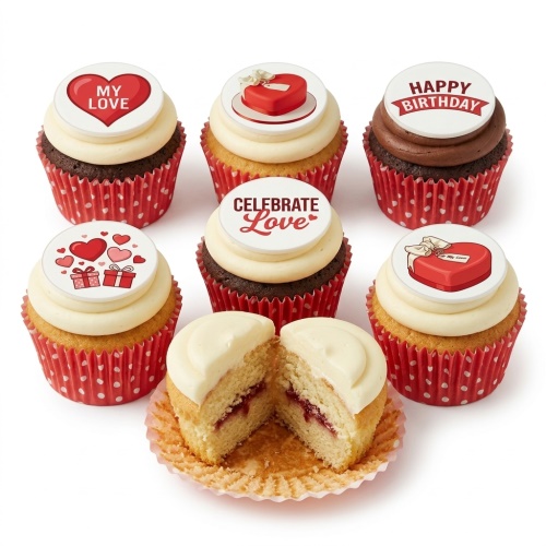 Assortment of birthday and love themed cupcakes with heart and gift box toppers.