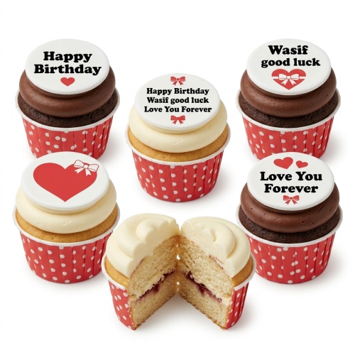 Assortment of romantic birthday cupcakes with heart and bow toppers, featuring custom messages.