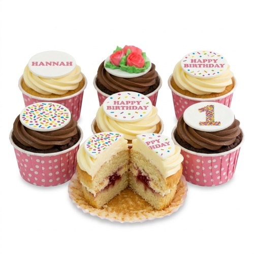 Assortment of birthday cupcakes with floral and sprinkle decorations, custom age topper, and personalised name example.