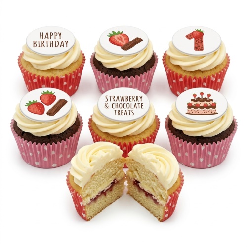 A selection of vanilla and chocolate cupcakes with white frosting, topped with edible strawberry and chocolate themed decorations and a custom age topper.