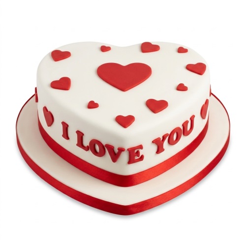Heart-shaped white cake with red "I Love You" message and small red hearts.
