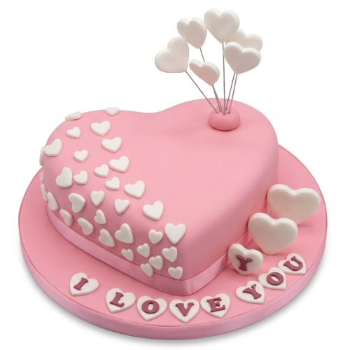 Pink heart-shaped cake with white fondant hearts, heart balloons, and 'I Love You' message.