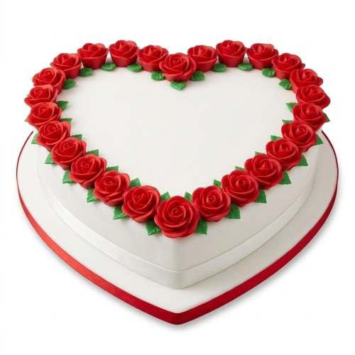 Heart-shaped white cake with red sugar roses and green leaves, red ribbon on board.