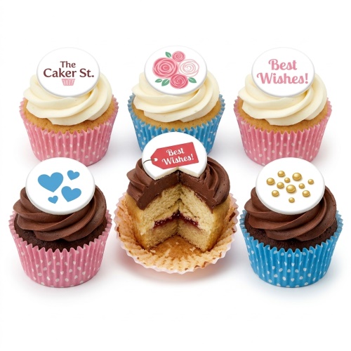 Assorted cupcakes with vanilla and chocolate frosting, decorated with floral, hearts, gold sprinkles, and 'Best Wishes' toppers, in pink and blue polka dot cases.
