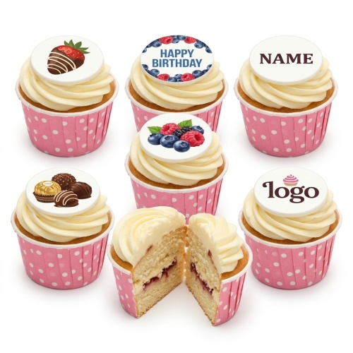Assortment of personalised birthday cupcakes with custom toppers including berries, chocolates, and 'Happy Birthday' message.