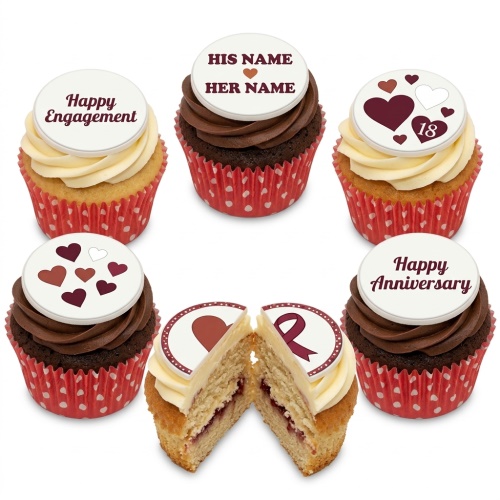 Set of six cupcakes with heart designs and customisable toppers in red and white.
