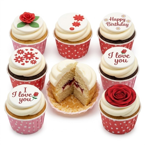 Assortment of floral birthday cupcakes with red roses, flowers, and "Happy Birthday" messages on white frosting.