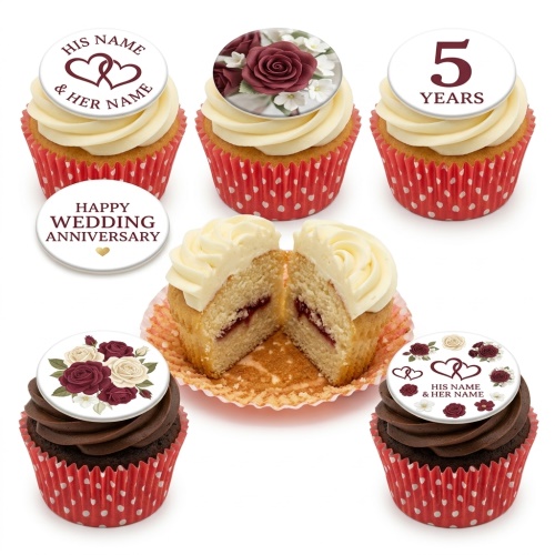 Wedding anniversary cupcakes with personalised name and year toppers, featuring burgundy and cream floral designs.
