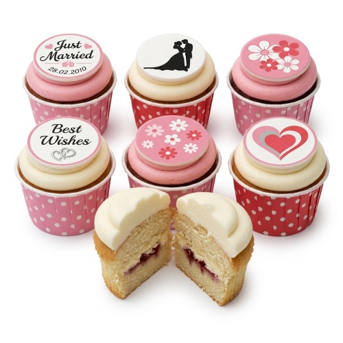 Wedding and anniversary cupcakes with pink and white frosting, topped with edible designs of a couple, hearts, flowers, and custom messages.
