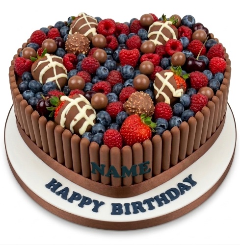 Heart shaped cake with chocolate fingers, fresh raspberries, blueberries, strawberries, and chocolate truffles.
