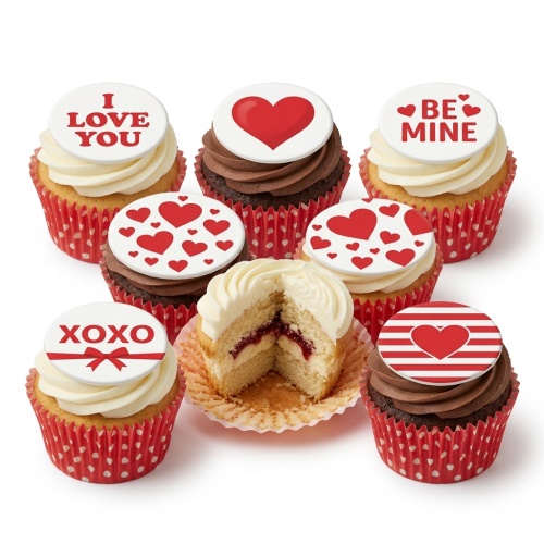 Vanilla and chocolate cupcakes with red and white love heart toppers, some with 'I Love You' and 'Be Mine' messages.