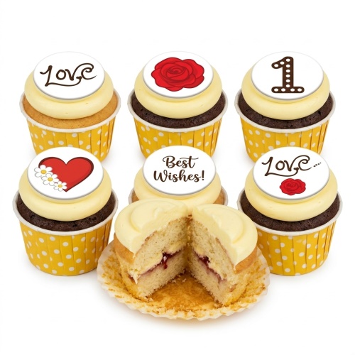 Cupcakes with cream frosting and edible toppers: red rose, heart, 'Love', 'Best Wishes', and custom age.