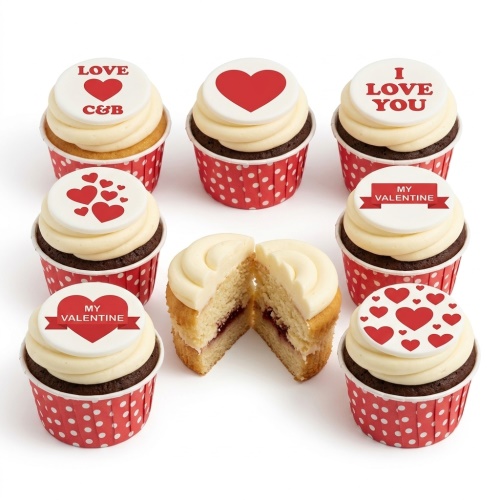 White and red love heart cupcakes with "I Love You" and "My Valentine" messages