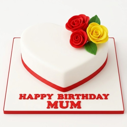 White heart-shaped cake with red and yellow fondant roses, green leaves, and a red ribbon accent.