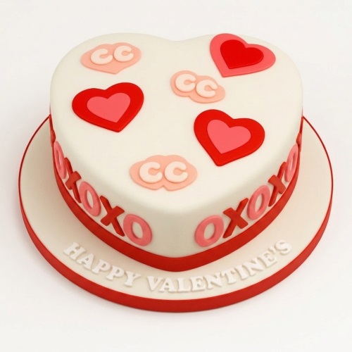 White heart-shaped Valentine's Day cake decorated with red and pink hearts, "XOXO" lettering, and "Happy Valentine's" message.