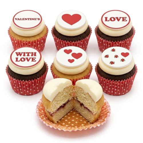 A selection of Valentine's Day cupcakes with red heart toppers and romantic messages like 'VALENTINE'S' and 'LOVE' in red polka dot cases.