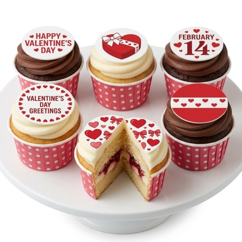 Assortment of Valentine's Day cupcakes with heart, gift box, and message toppers on a white stand.