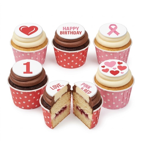 Assortment of birthday and celebration cupcakes with customisable toppers including hearts, 'Happy Birthday' message, and a number